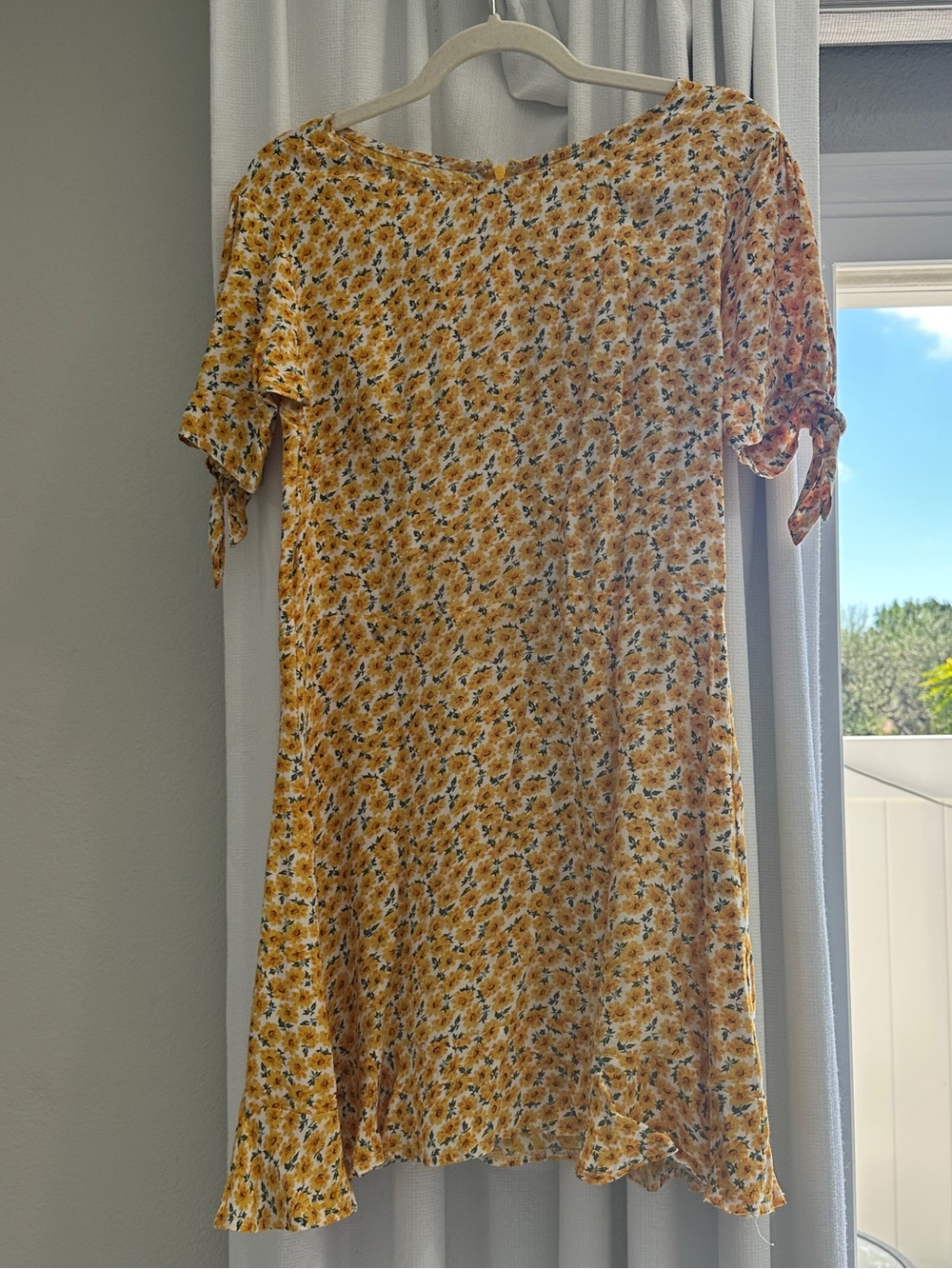 Faithfull the Brand Yellow Floral Mini Dress with Tie Sleeves